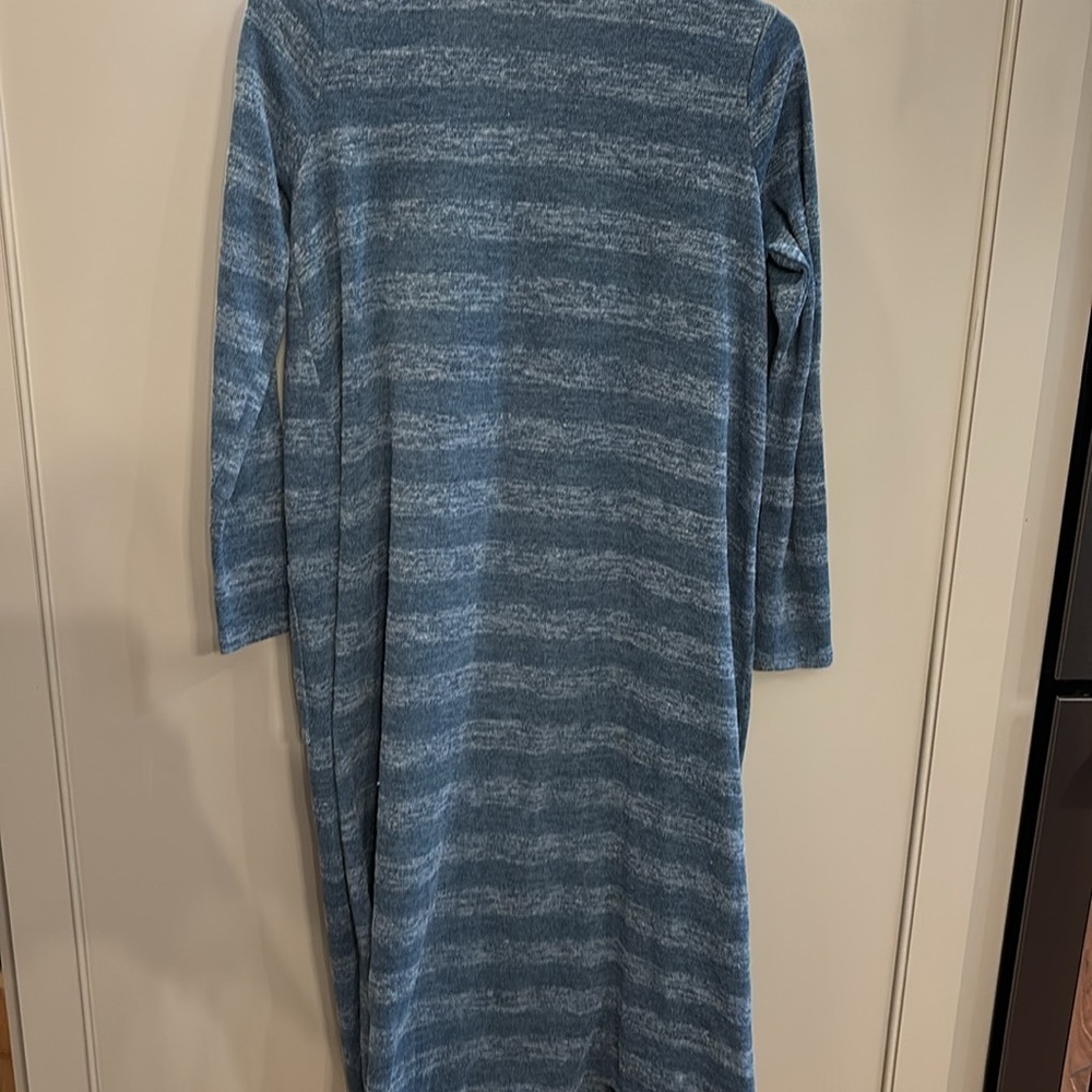 Lularoe Sarah SM long Sweater Cardigan Pockets Blue Stripe Knit Duster - Picture 4 of 4